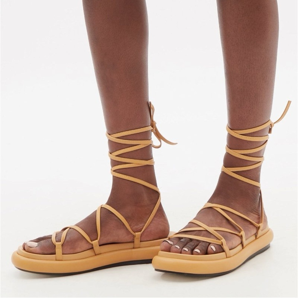KHAITE Alba Leather Wraparound Platform Sandals in Tan